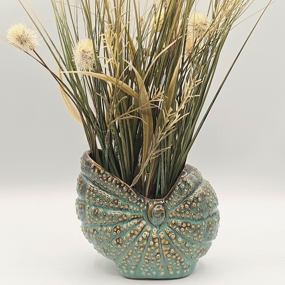 Nautilus Shell Ceramic Vase Teal Blue Faux Grass Floral Arrangement Coastal